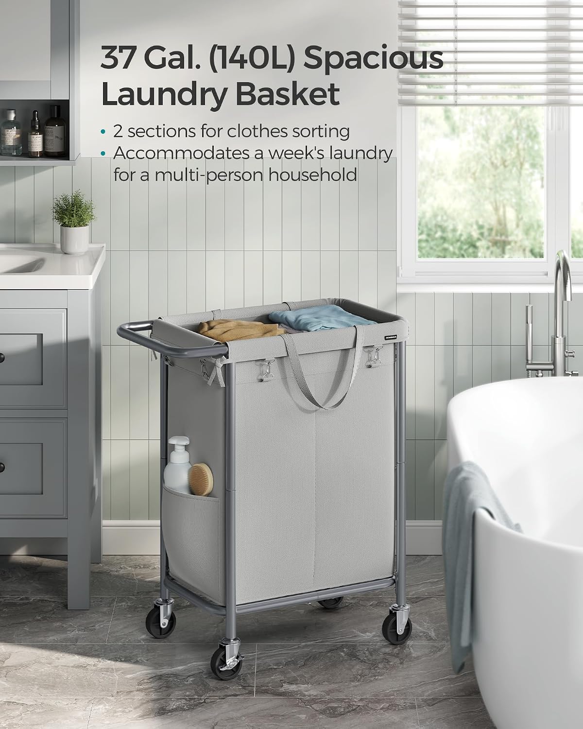 SONGMICS Laundry Basket with Wheels, 4-Section Rolling Laundry Hamper, 68.6 Gallons (260 L), Removable Liner, Steel Frame with Handle, 43.3 x 15.4 x 31.9 Inches, Cream White URLS014W01