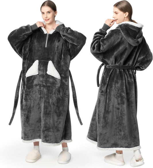 Wearable Blanket Hoodie as Gifts for Women, Long Sherpa Fleece Hooded Blankets with Oversize Hood and Pocket, Warm and Cozy Sweatshirt with Belt, Winter Gift