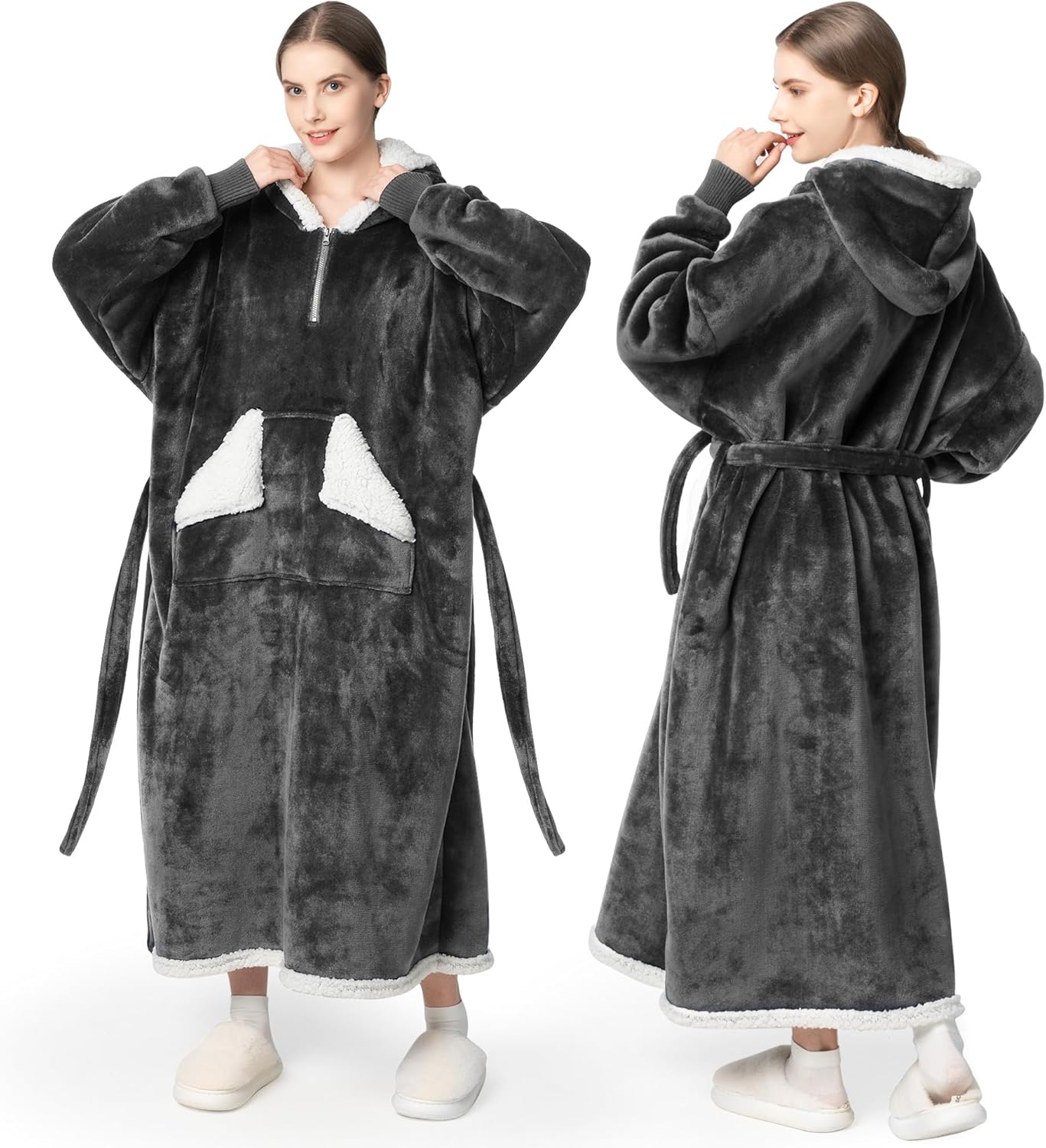 Wearable Blanket Hoodie, Oversized Sherpa Fleece Sweatshirt Blanket with Giant Hood Pocket and Sleeves for Adult, Warm & Cozy Grey Blanket Gifts for Women