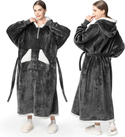 Wearable Blanket Hoodie, Oversized Sherpa Fleece Sweatshirt Blanket with Giant Hood Pocket and Sleeves for Adult, Warm & Cozy Grey Blanket Gifts for Women
