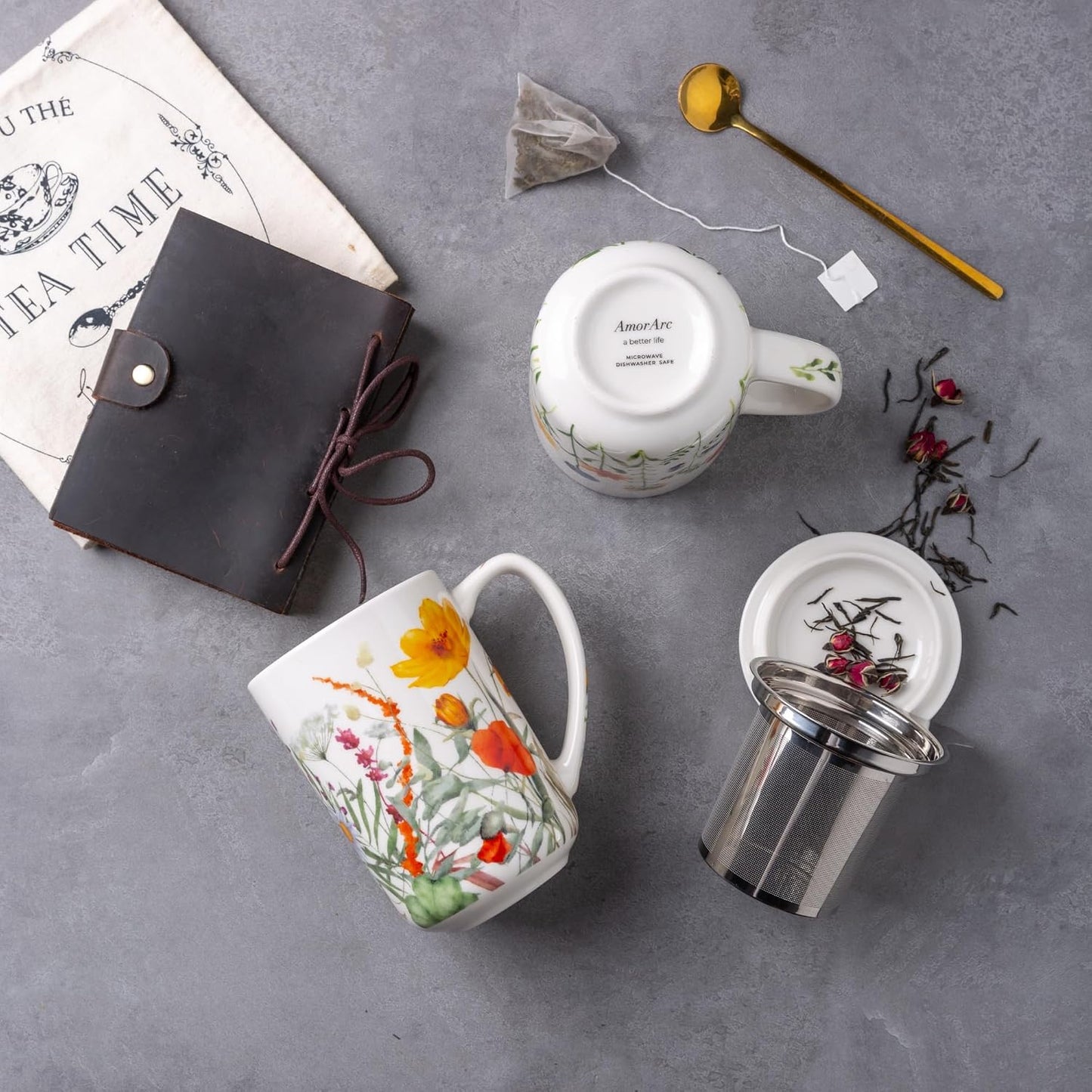 AmorArc Tea Cup With Infuser and Lid, 18oz Loose Leaf Tea Mug With Steeper | Porcelain Tea Mug With Infuser and Lid, Large Strainer Tea Cup with Lid for Tea, Coffee Mug for House-warming Birthday Gift