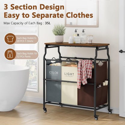 Hoctieon 3 Section Laundry Sorter with Iorning Board, Laundry Hamper, Black | Lockable Wheels, Laundry Basket Organizer with Wheels, Heavy Duty Clothes Organizer, Large Clothes Separator, Removable Bags