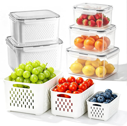 5 Pack Fruit Storage Containers for Fridge,Produce Container for Fridge with Removable Colanders,Leakproof Refrigerator Organizers and Storage for Produce Berry Vegetable Salad Meat Food Keep Fresh