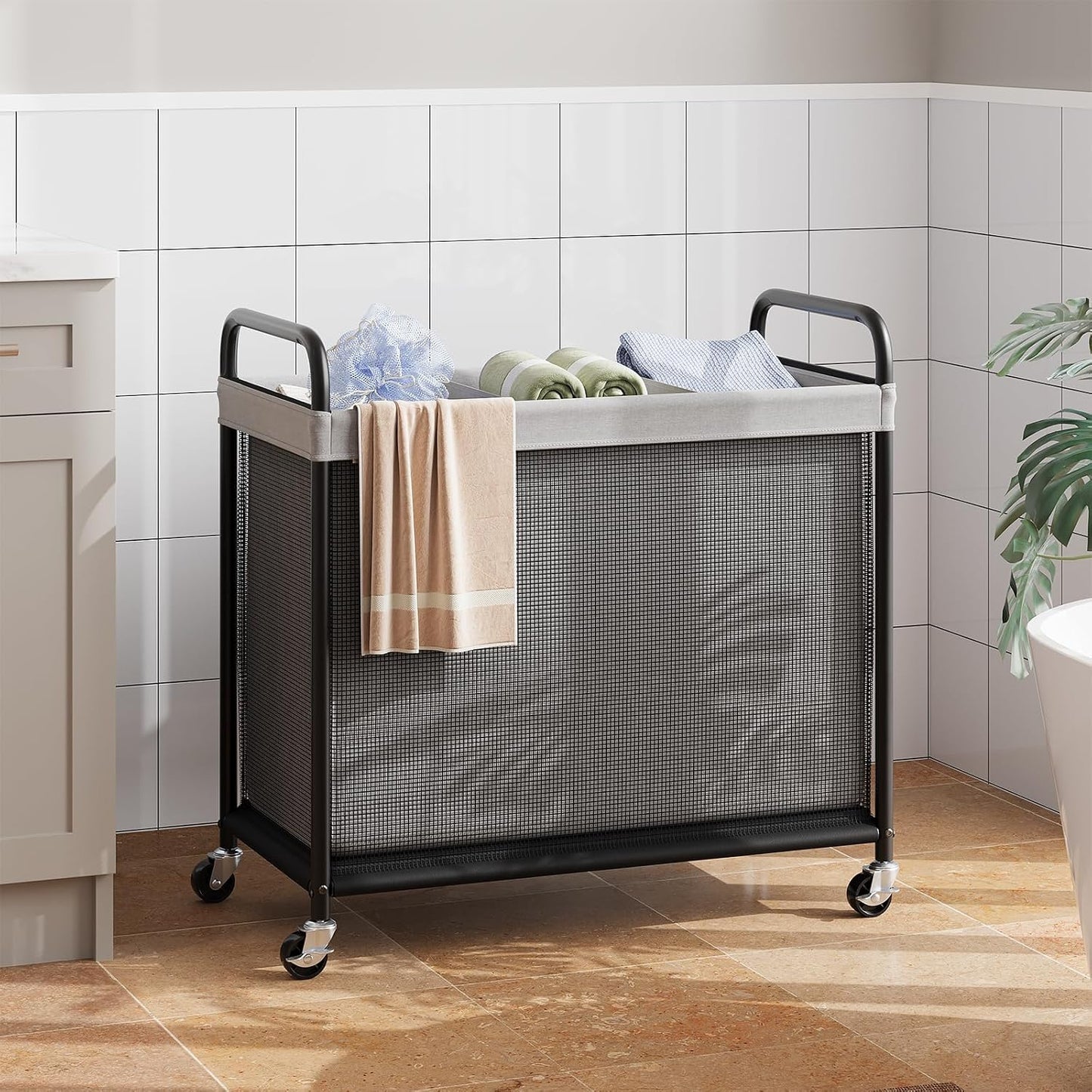ELYKEN Laundry Hamper 2 Section, 100L Rolling Laundry Sorter with Wheels | Removable Washable Liner Bags, Sturdy Steel Frame and Metal Handle, Double Compartment Clothes Organizer for Laundry Sorting
