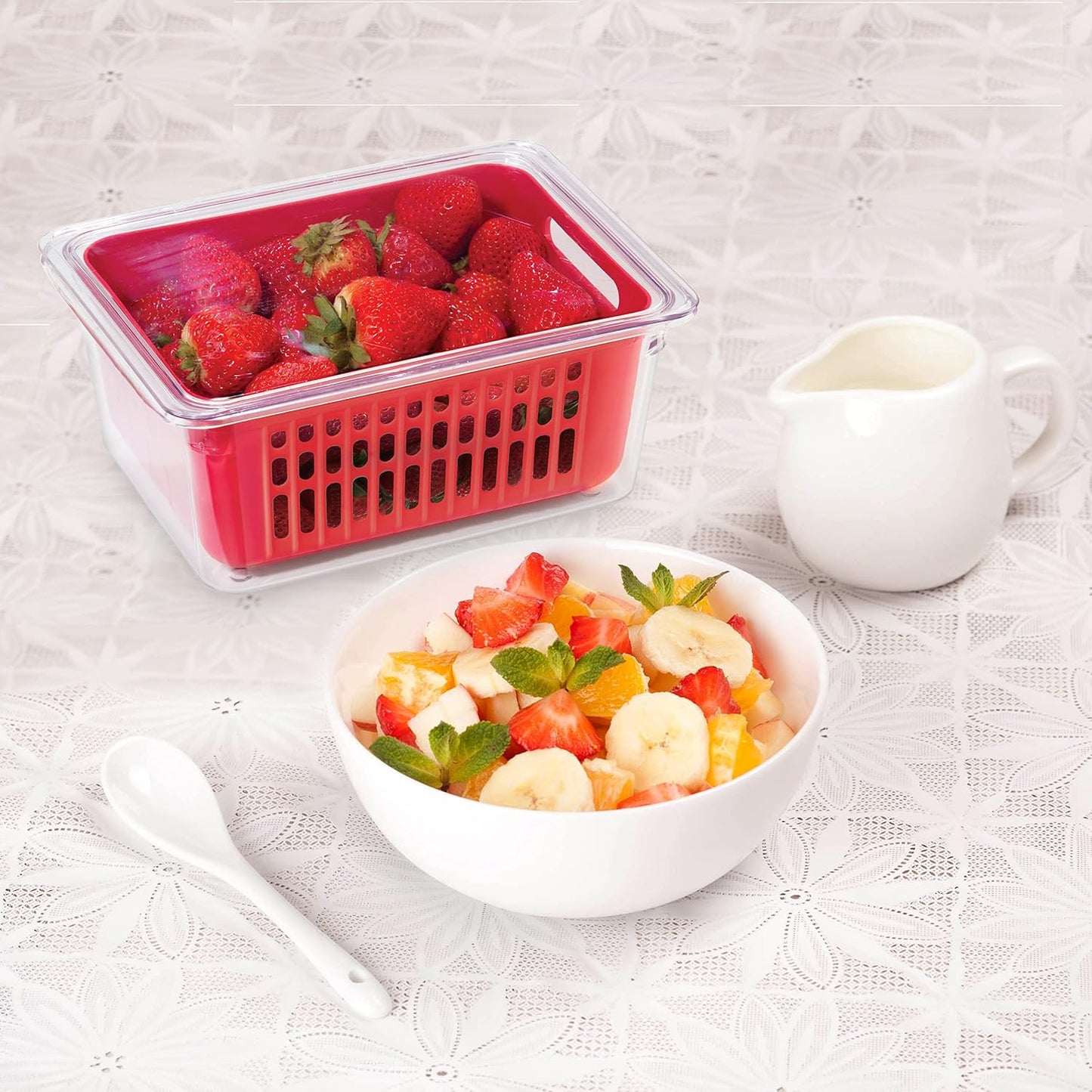 Oggi Berry Container for Fridge - Double Colander Basket - Ideal Berry Containers for Fridge, Includes Berry Colander Insert (8.75" x 6.75" x 3.75"), Red