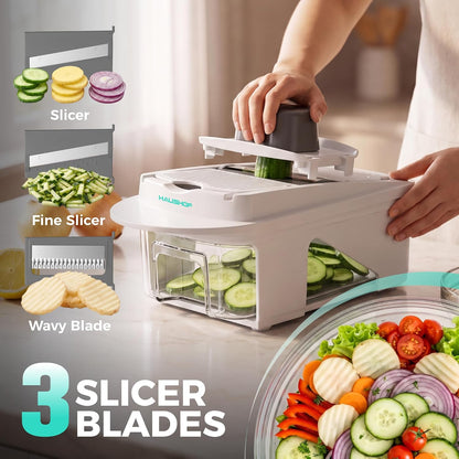 HAUSHOF 9-in-1 Vegetable Chopper & Mandoline Slicer, 7 Blades, Drain Basket | Food and Veggie Chopper and Dicer, Grater, Kitchen Prep Tool with Container, Safety Holder, Interchangeable Blades