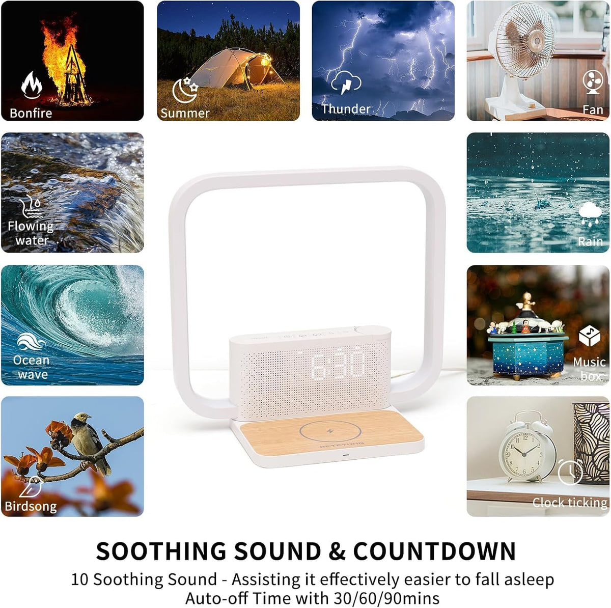 RETEYUNG Sunrise Alarm Clock Wireless Charger Sound Machine for bedrooms