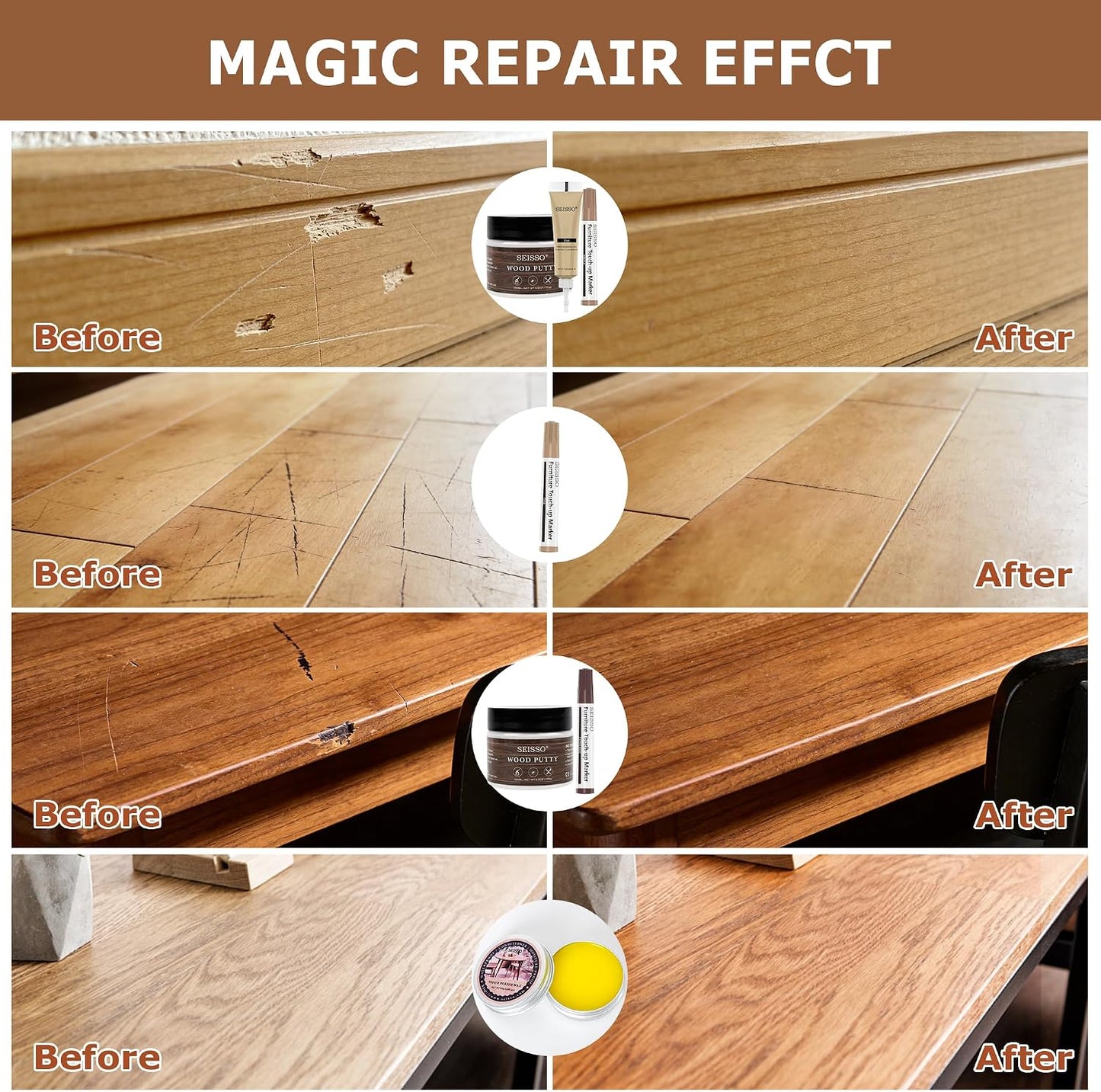 SEISSO Wood Furniture Repair Kit, Touch Up Markers Wood Fillers | Wood Putty with Polish Wax, 12 Colors Wood Repair Kit of Stains, Scratches, Holes, Cracks(40 PCs)