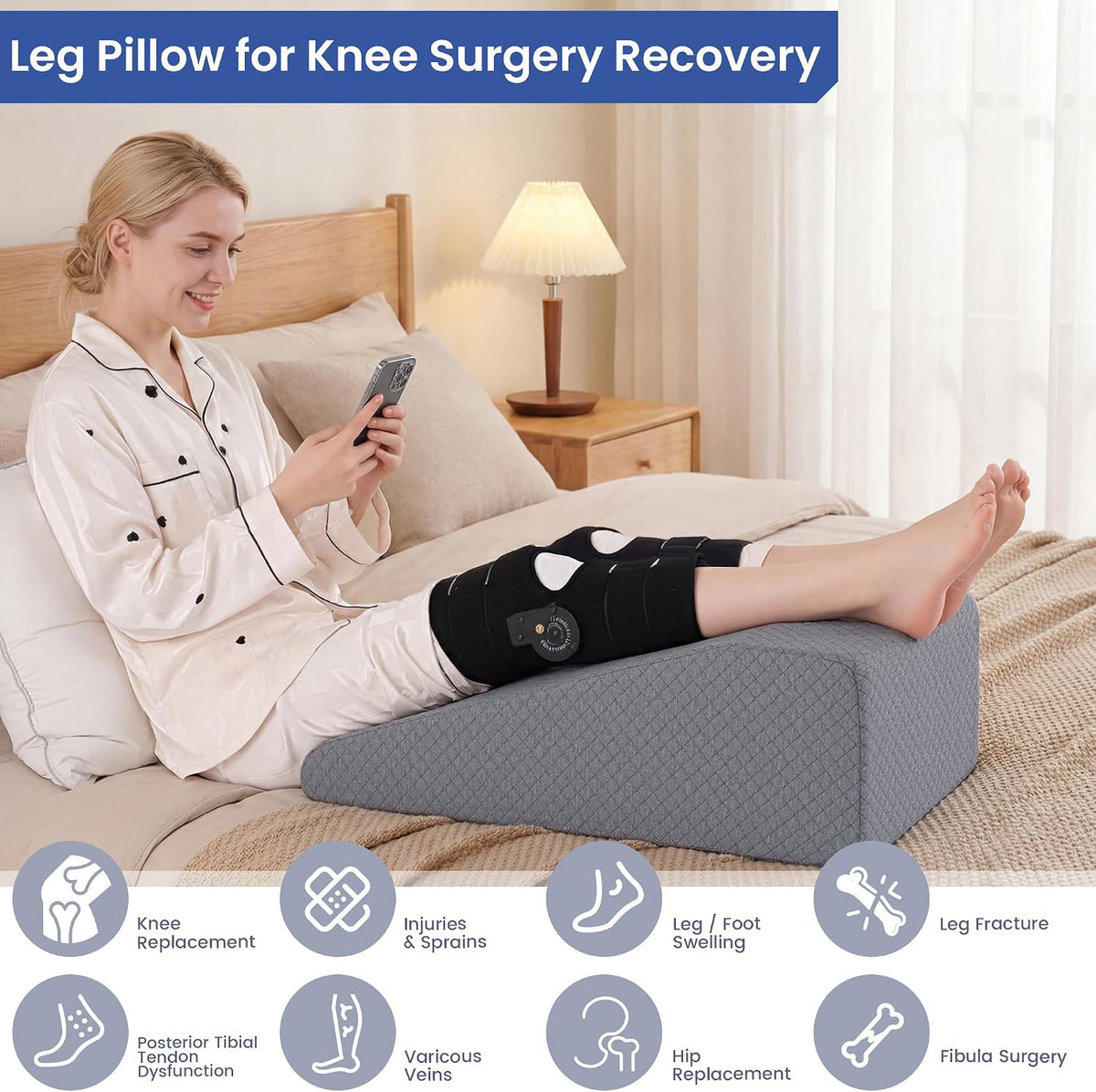 HOMBYS Leg Elevation Pillow for After Surgery, Knee Replacement & Recover, Wedge Pillow for Knee, Hip, Ankle Support, Home Recovery Equipment (Grey, 27in×11.6in×9in)