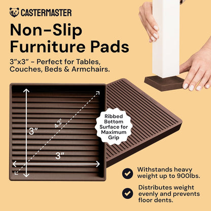 Non-Slip Furniture Pads - 4x4 in Brown, 4 Pack | Square rubber caster cups - anti-skid - Use for heavy sofas, beds & chairs on hardwood floors