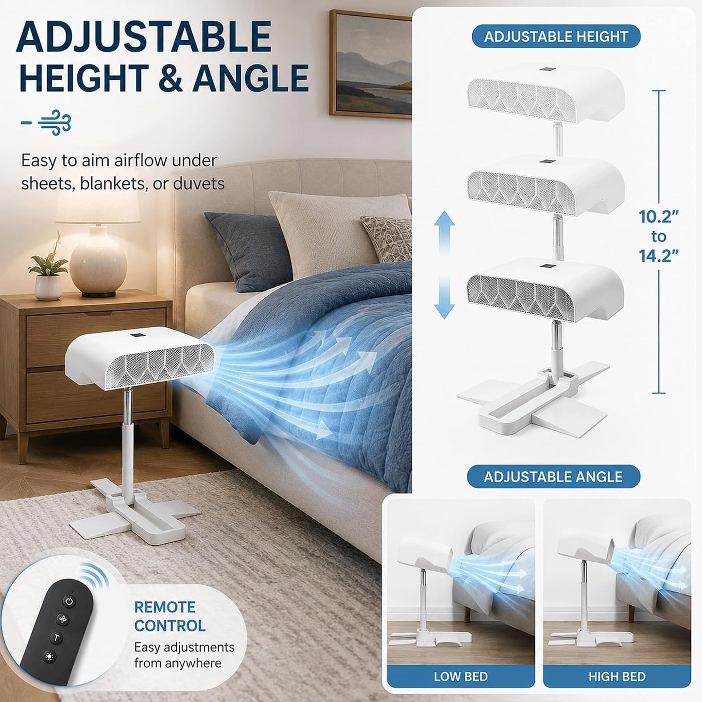 Bed Cooling Fan Under Sheets, Rechargeable Cordless Bed Fan for Hot Sleepers, Under Blanket Airflow Cooling System with Remote, 5 Quiet Speeds, Adjustable Height, USB-C Charging (1PC)