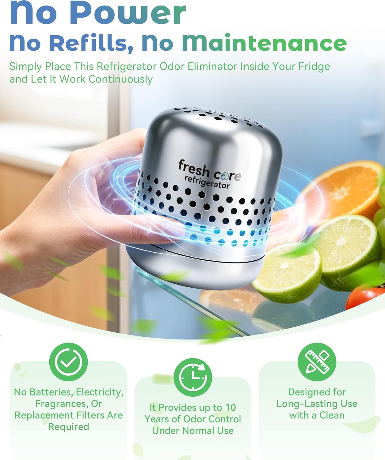 Refrigerator Deodorizer, Nano-Catalytic Stainless Steel Odor Eliminator, Compact Storage Design, Extends Grocery Life, 10-Year Odor Eliminator for Fridge Freezer Car Closet，1Pcs