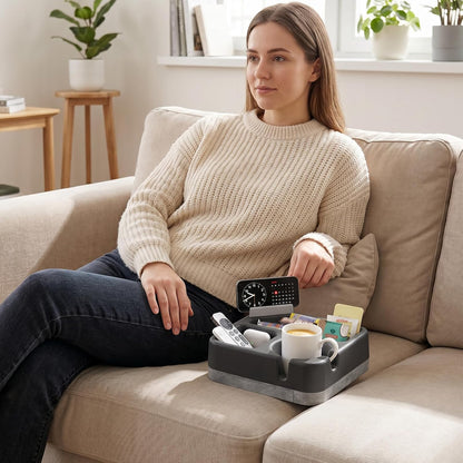 Couch Cup Holder Tray Couch Cup Holder Pillow Soft Sofa Caddy Drink Holder with 3 Compartments &Removable 360°Swivel Phone Stand, Portable Bed Snack Caddy Pillow with Handle for Tablet Controller Grey