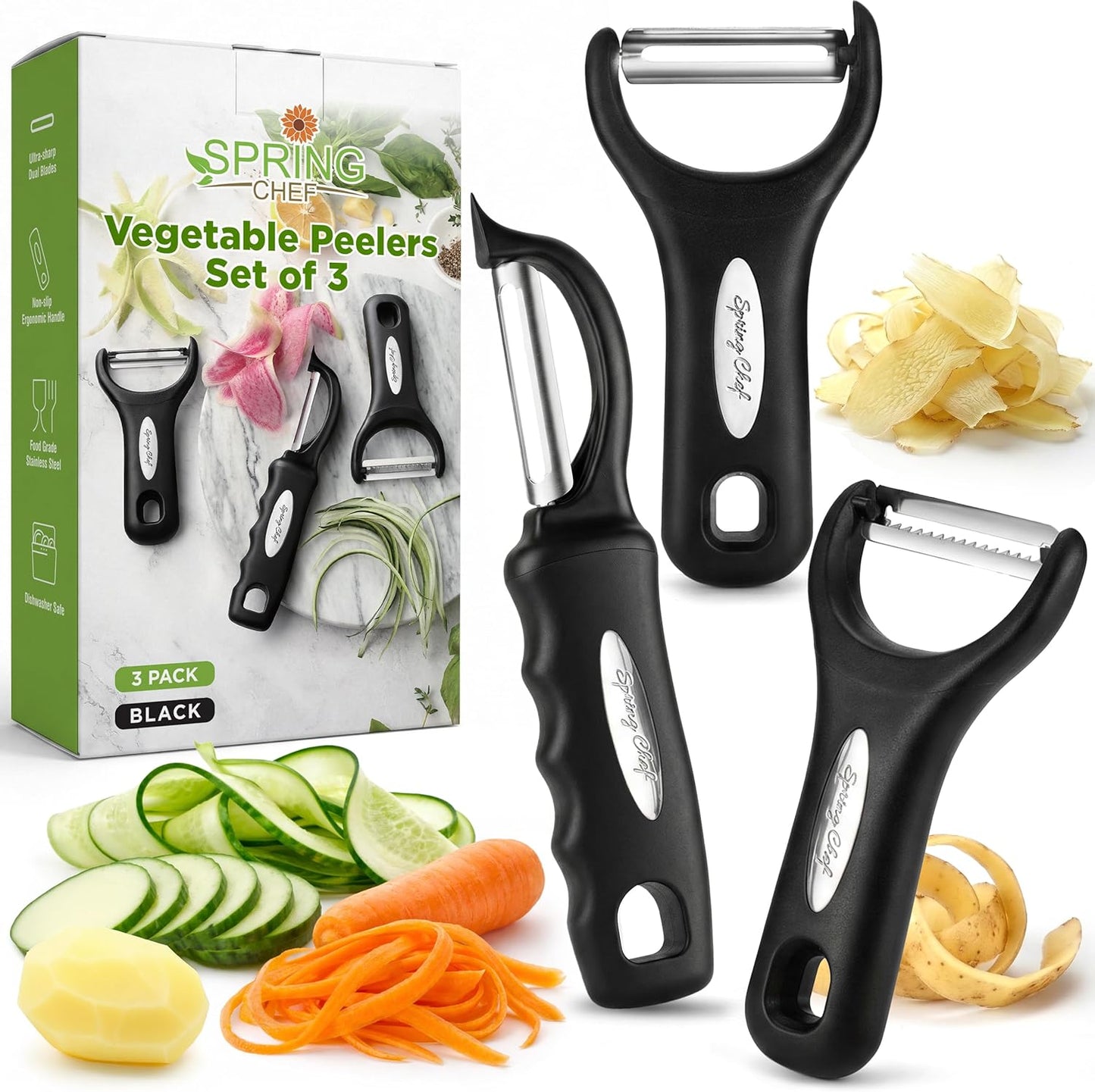 Spring Chef 3pcs Vegetable Peelers for Kitchen, Swivel, Y & Julienne Peeler | Premium Stainless Steel Potato Peelers with Soft Grip Handles, Ultra Sharp Blades for Fruits, Veggies, Apples, Carrots