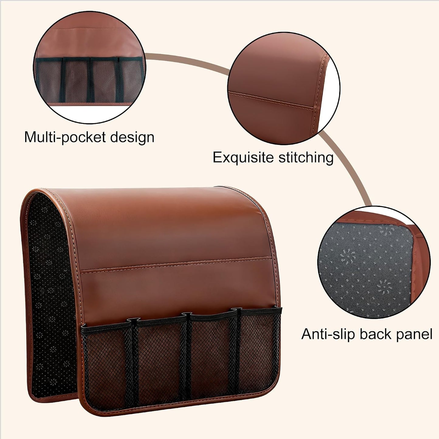 Anti-slip Sofa Armrest Bag with 5 Pockets Leather Remote Control Holder Organizer for Tablet Magazine Newspaper Glasses Earphone