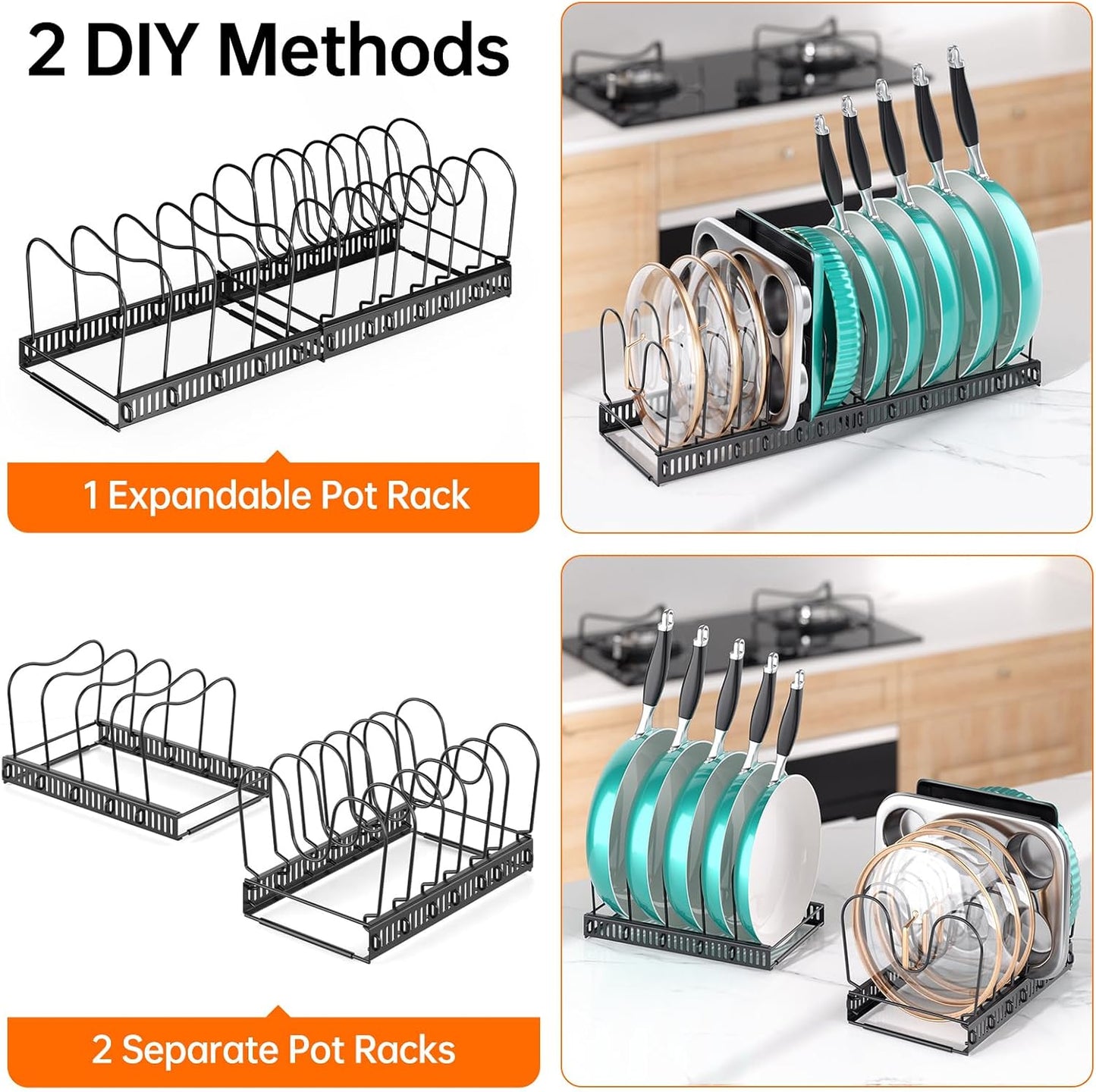 MUDEELA Expandable Pot Pan Lid Organizers inside Cabinet, 10 Divider-Black | Expandable 11.8–22.9", 10 Adjustable Divider, Tool-Free Assembly, Non-Slip, Scratch-Proof, For Pan Lid Cutting Board Bakeware