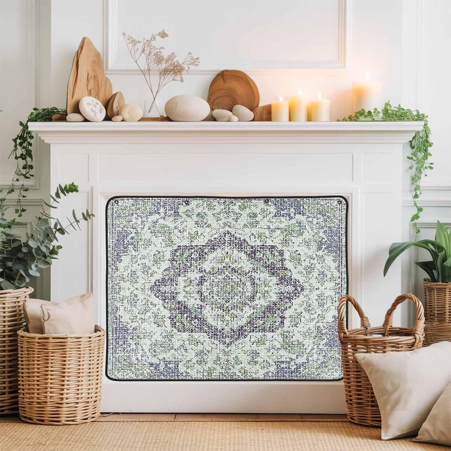 Magnetic Fireplace Cover Grey Medieval Flowers Fireplace Screen Decorative Retro Bohemian Pattern Insulation Fireplace Blocker Save Energy Fireplace Draft Stopper Covers for Living Room 39x32 Inch