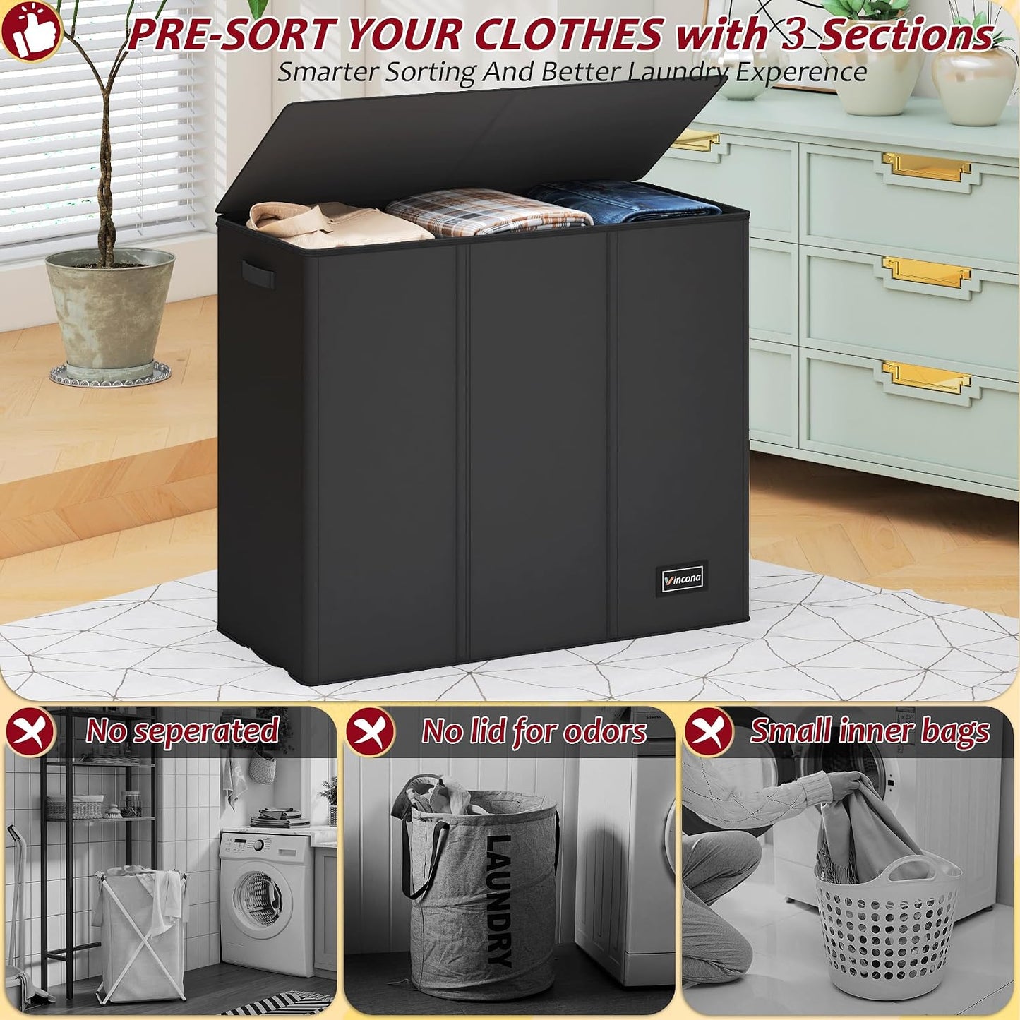 195L Laundry Hamper 3 Section,Large Laundry Hamper with Lid,Dirty Clothes Hamper with 3 Inner Bags,Collapsible Laundry Basket Organizer for Laundry Room,Bedroom,Laundry Sorter Hamper 3 Compartment