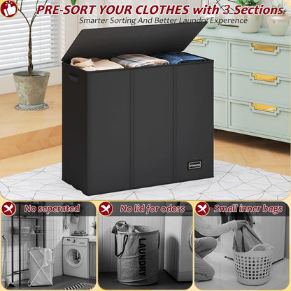 195L Laundry Hamper 3 Section,Large Laundry Hamper with Lid,Dirty Clothes Hamper with 3 Inner Bags,Collapsible Laundry Basket Organizer for Laundry Room,Bedroom,Laundry Sorter Hamper 3 Compartment