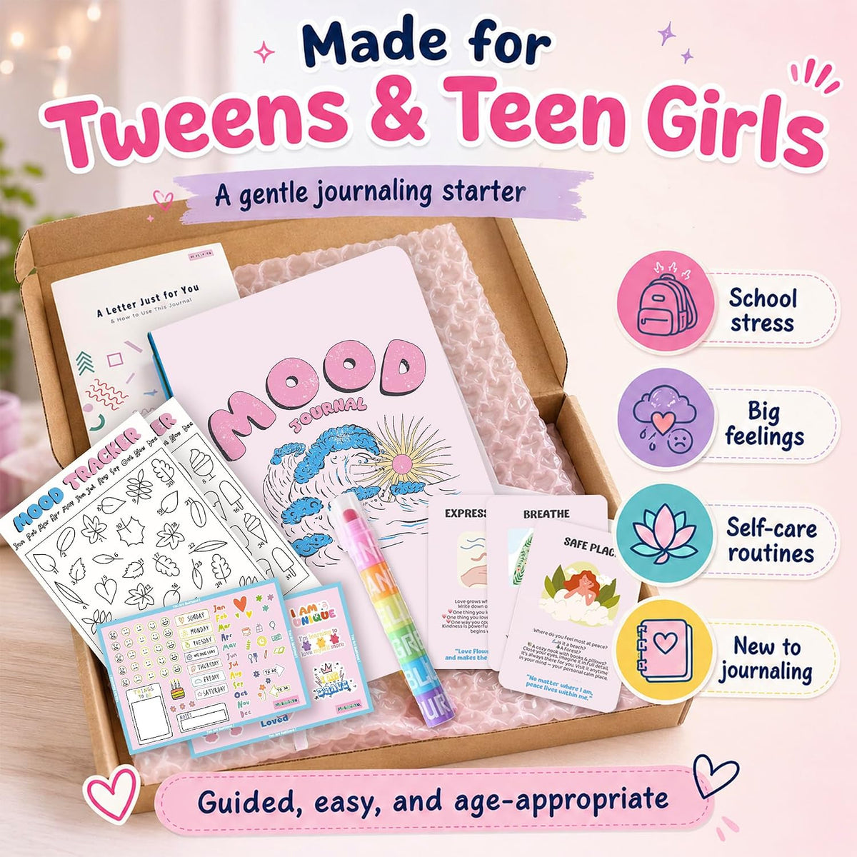 Mood Tracker Journal Set for Teen Girls & Tweens, Self Care Gift(Pink)