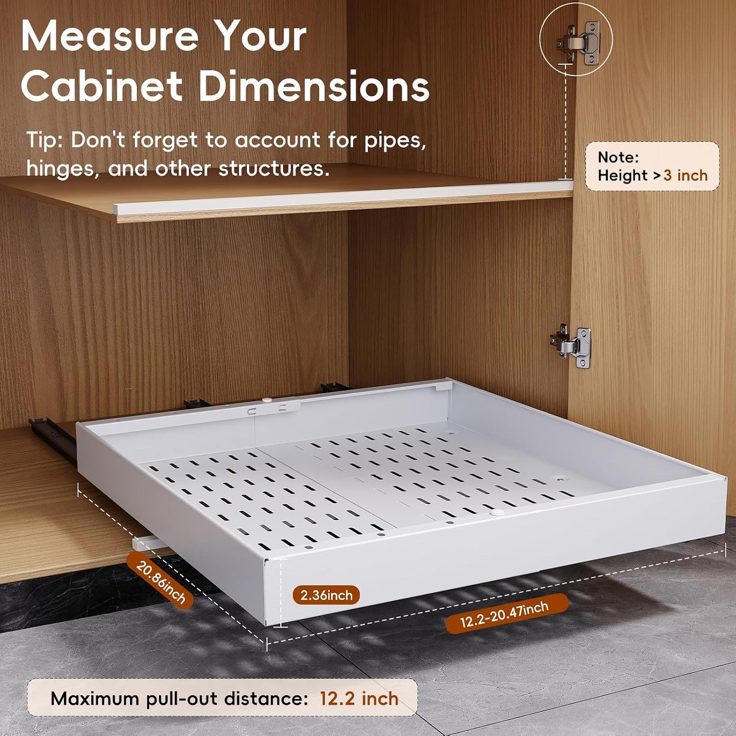 Pull Out Cabinet Organizer, 21"Deep Slide Out Drawers for Kitchen Cabinets | Adjustable Width 12.05"-20.4", For Framed/Frameless cabinets, No Drill Adhesive, 3‑Rail Smooth Glide, Height-Raising Pads