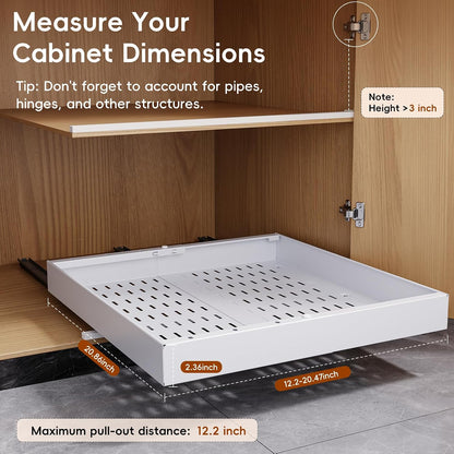 Pull Out Cabinet Organizer, 21"Deep Slide Out Drawers for Kitchen Cabinets | Adjustable Width 12.05"-20.4", For Framed/Frameless cabinets, No Drill Adhesive, 3‑Rail Smooth Glide, Height-Raising Pads