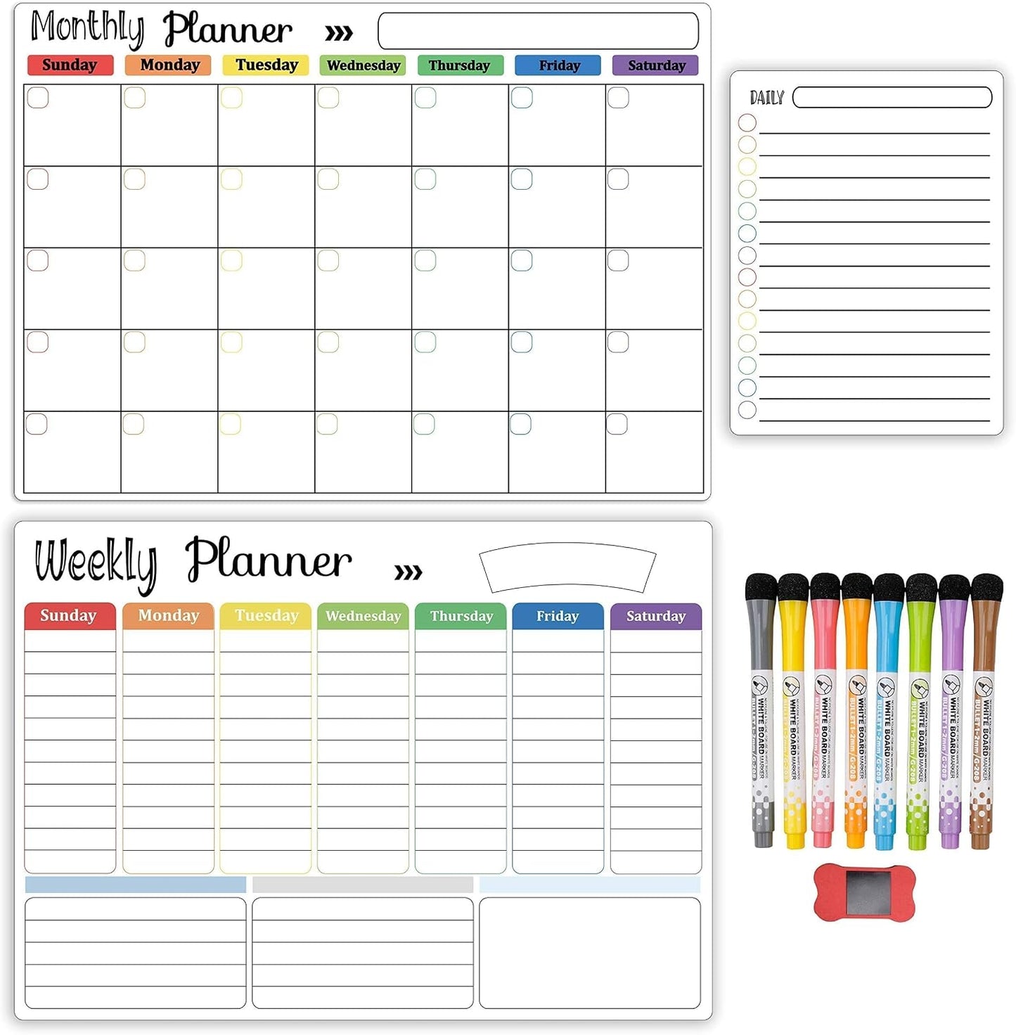 Hivillexun Magnetic Dry Erase Calendar Whiteboard Set (4-Pack) for Home and Kitchen, with Monthly and Weekly Views (16.5” x 11.8”), Magnetic Whiteboard and Daily Planners (12” x 8”) 8 Markers & Eraser