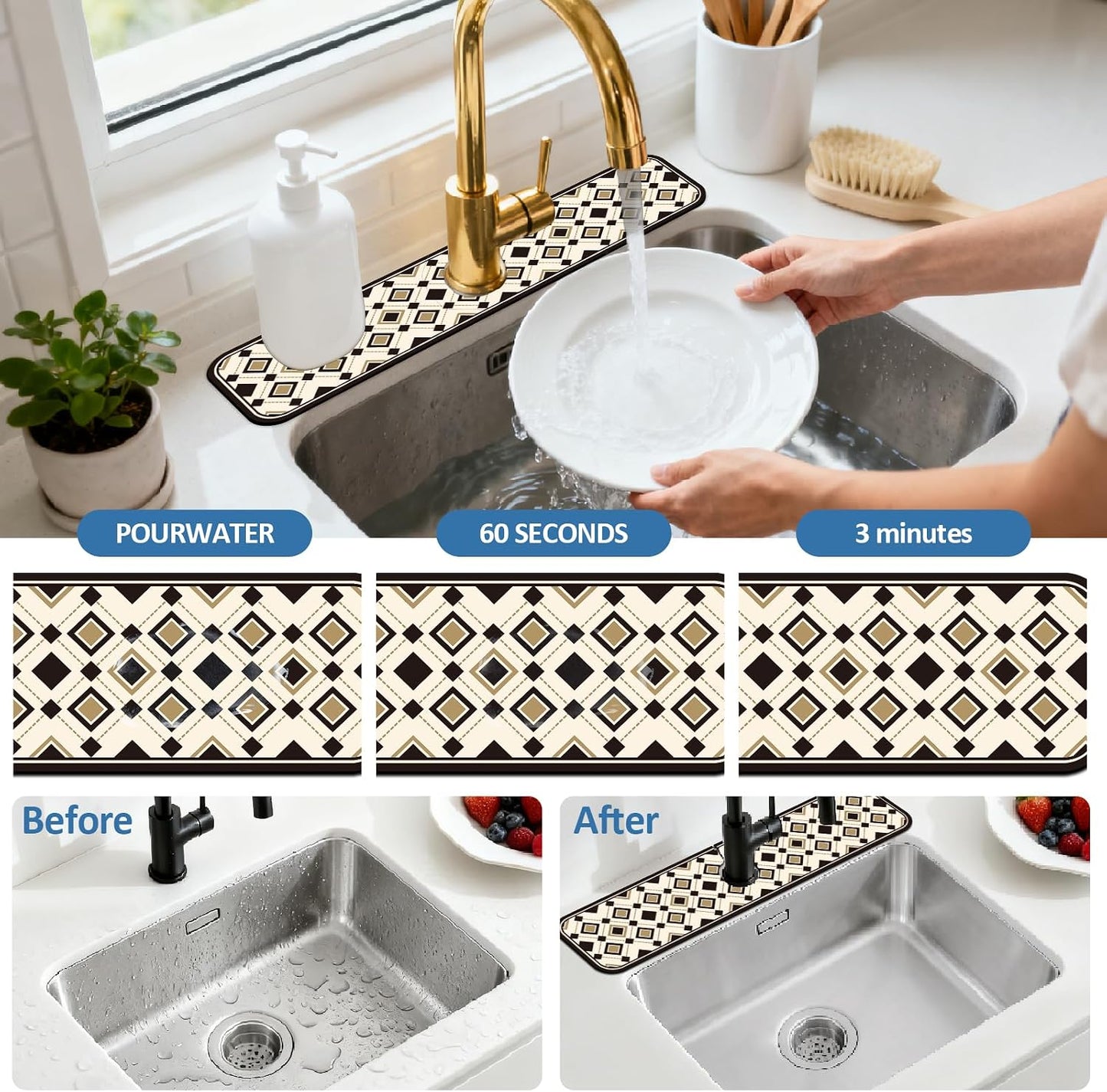 2 Pcs Kitchen Sink Splash Guard Faucet Mat Wood Grain Pattern Faucet Mat for Sinks Natural Wood Color Absorbing Drying Mats for Kitchen Bathroom, 23.6x5.5inch