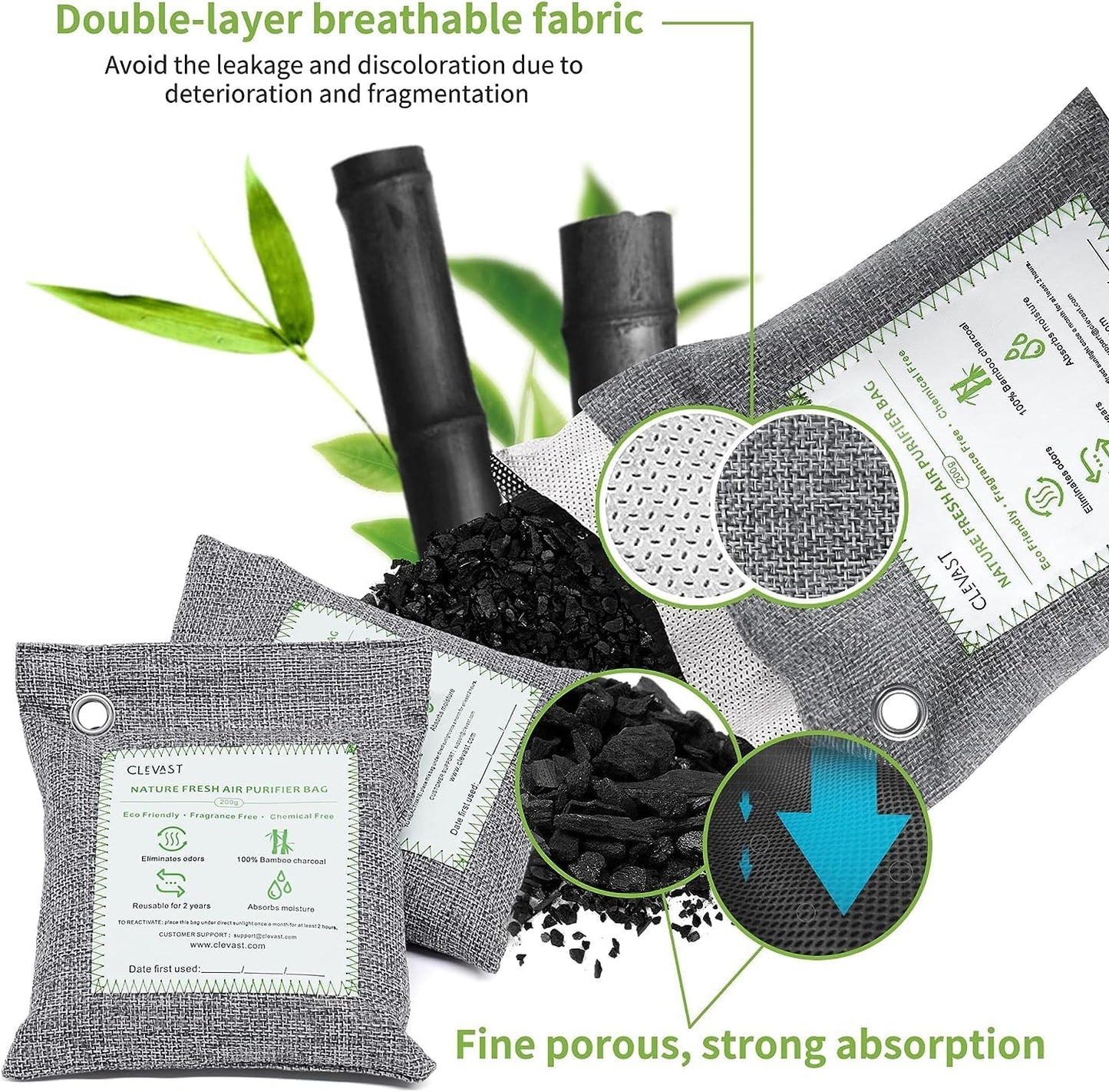 CLEVAST Bamboo Charcoal Air Purifying Bags - (Large, 4×200g), Removes Odors and Moisture, Nature Fresh Air Purifier Bags, Odor Eliminator for Home, Car, Pets, Bathroom, Basement