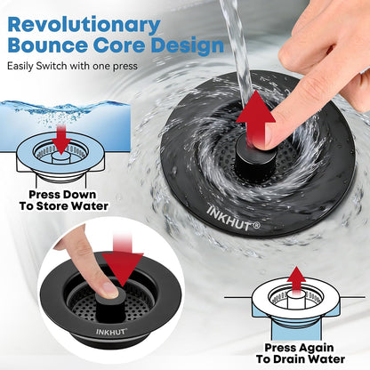 Upgraded 3 in 1 Kitchen Sink Drain Strainer | Stainless Steel Sink Stopper, Anti-Clogging Food Catcher Basket, Bounce Core Drain Strainer Plug for 3 1/2 inch Drain