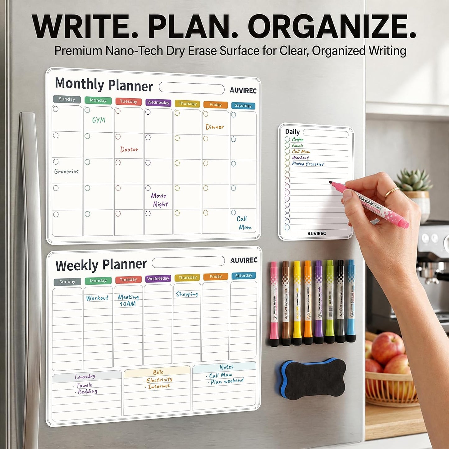 Magnetic Calendar for Refrigerator, Fridge Calendar 3-Pack | Monthly Weekly Daily Dry Erase Calendar Planner Set with Nano-Tech Surface, 17"x12" Magnetic Whiteboard, 8 Markers & Eraser