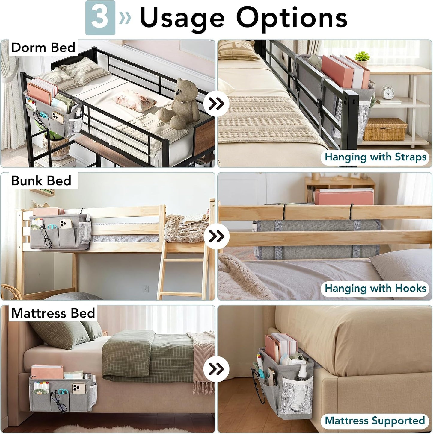 Bedside Caddy, Bedside Storage Bag Hanging Organizer for Bunk Dorm Bed Rail | Bed Caddy with Hooks, Top Bunks and Dorm Essentials for Water, Tissues, Tablets, Books, Phones, Remotes and Other Necessories