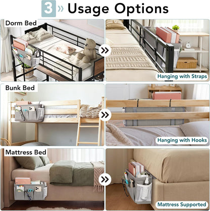 Bedside Caddy, Bedside Storage Bag Hanging Organizer for Bunk Dorm Bed Rail | Bed Caddy with Hooks, Top Bunks and Dorm Essentials for Water, Tissues, Tablets, Books, Phones, Remotes and Other Necessories