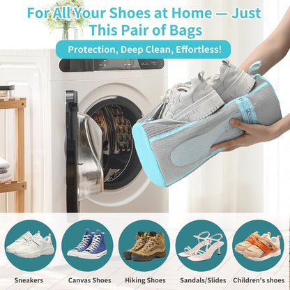 Shoe Washing Machine Bag: 2 pcs laundry Shoe Bag for Washer and Dryer – Dual Mesh Pockets for Insoles & Laces - 360° Deep Clean Bag for Sneakers Tennis Running Shoes(Grey)