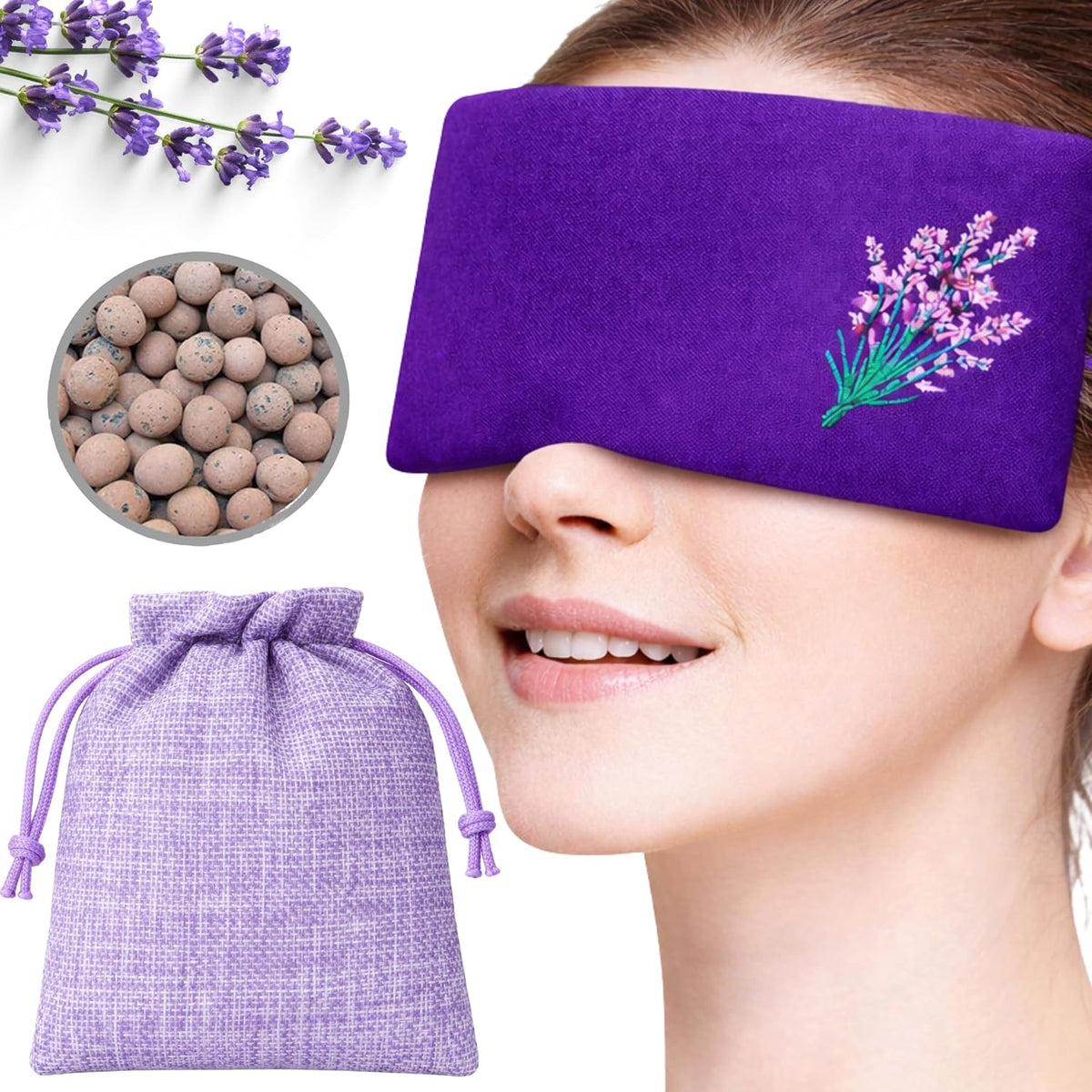 Weighted Clay Beads and Lavender Buds Eye Pillow Mask, Microwavable Heated or Cold Compress for Dry Eyes & Puffiness, Reusable Migraine Relief Mask with Washable Cotton Cover