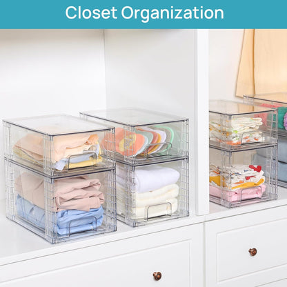 Vtopmart 4 Pack Large Stackable Storage Drawers, Clear | Easily Assemble Bathroom Closet Undersink Organizers and Storage Kitchen Cabinets,Pantry,Makeup,Medicine Organization