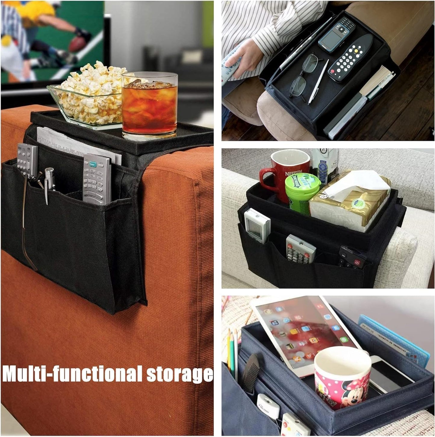 Sofa Armrest Organizer with Cup Holder No-Slip Couch Sofa Armrest Organiser Couch Remote Caddy Control Holder with 1 Large Pockets and 3 Small Pockets for TV Remotes Cellphone Magazines Drinks (Black)