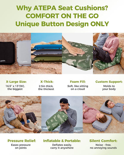 ATEPA Inflatable Seat Cushion | 2" & 2.5" foam core seat pad, Self inflating, Compact, Stadium, Airplane, Travel, Camping, Hiking, Sports events