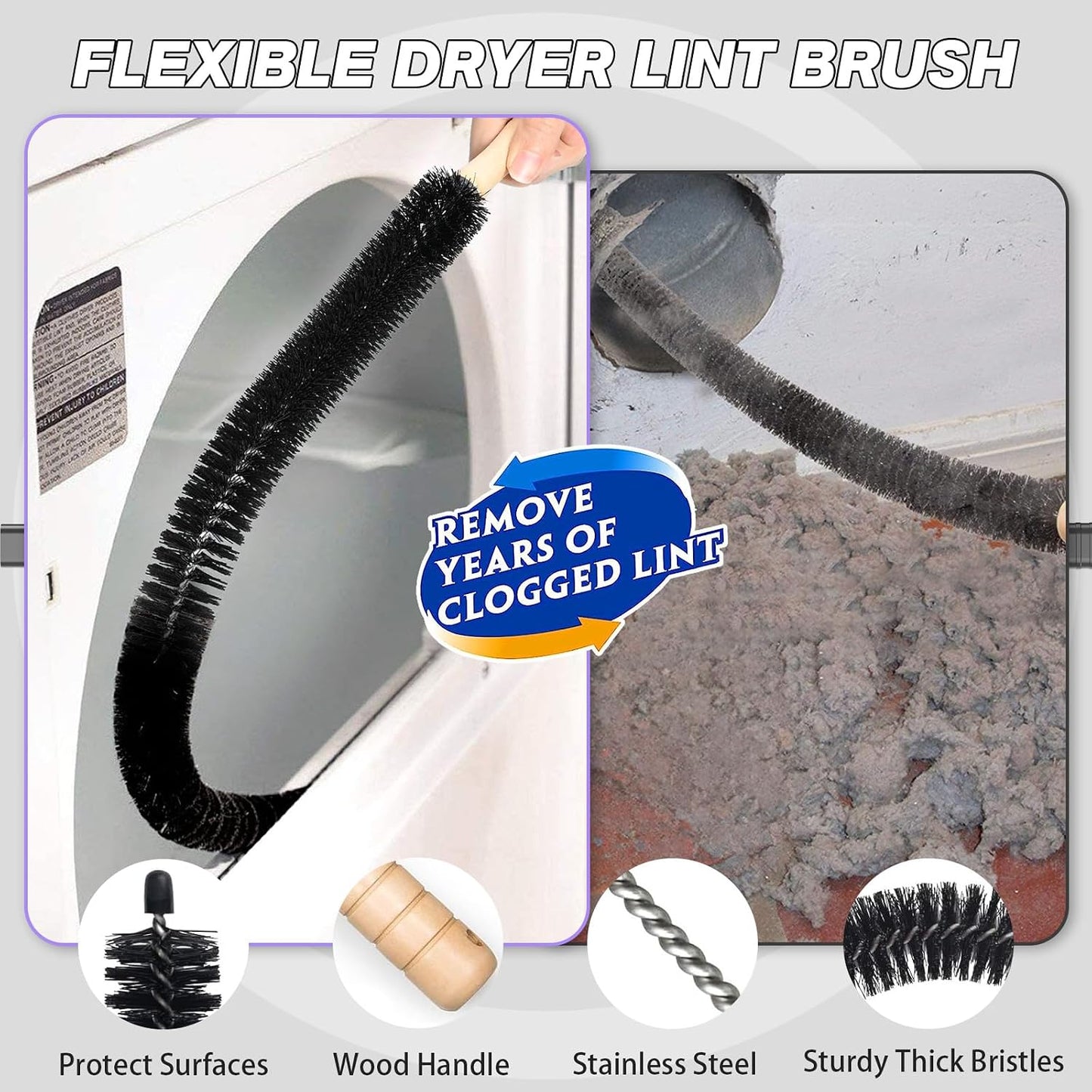 Sealegend 2 PCS Dryer Vent Cleaner Kit, Dryer Lint Vacuum Attachment&Brush | Blue Dryer Vent Vacuum Hose Dryer Lint Remover Brush for Dryer and Washer,Deep Traps Cleaning Tool Fits Most Vacuums