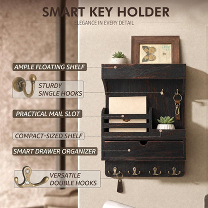 Rebee Vision Key Holder Wall Mount with Drawer Organizer for Entryway,Brown | Pine Wood, 6 Key Hooks, Display Shelf for Plants, Mail Slot for Storage Letter, Multi-Funtional Design, Home Storage