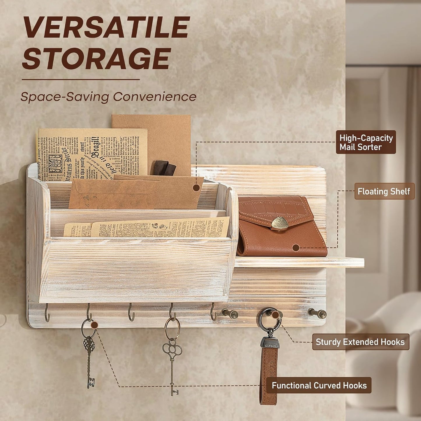 Rebee Vision Pine Wood Key Holder Wall Mount with Mail Sorter, Light Brown | Display Shelf, 8 Key Hooks, 3 Mail Sorters, Mail Organizer for Letters, Papers, Key Holder for Wall, Keep Entryways Tidy