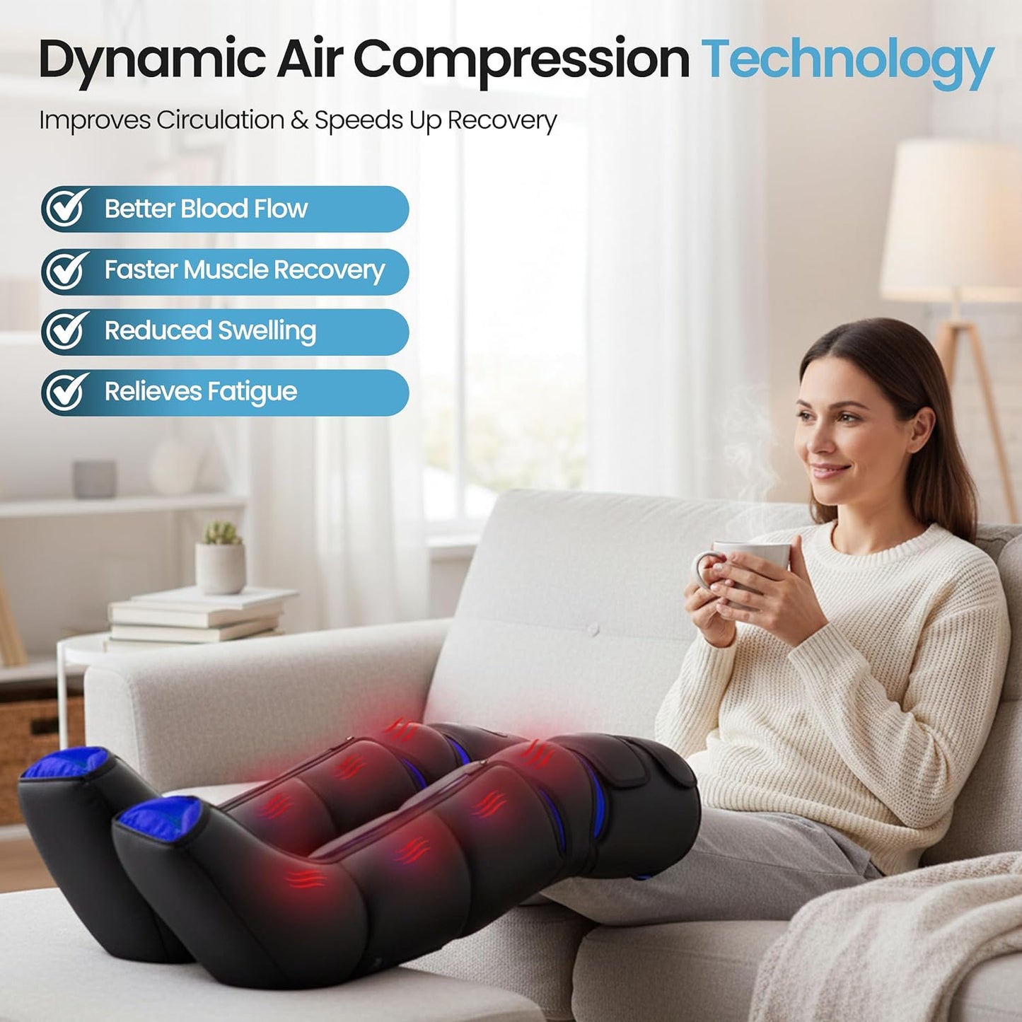 Leg Massager with Heat for Feet, Calves & Thighs, Air Compression | Handheld controller, 9 intensities, 6 modes, 3 heat levels; feet, calves & thighs, circulation & pain relief, USA Owned