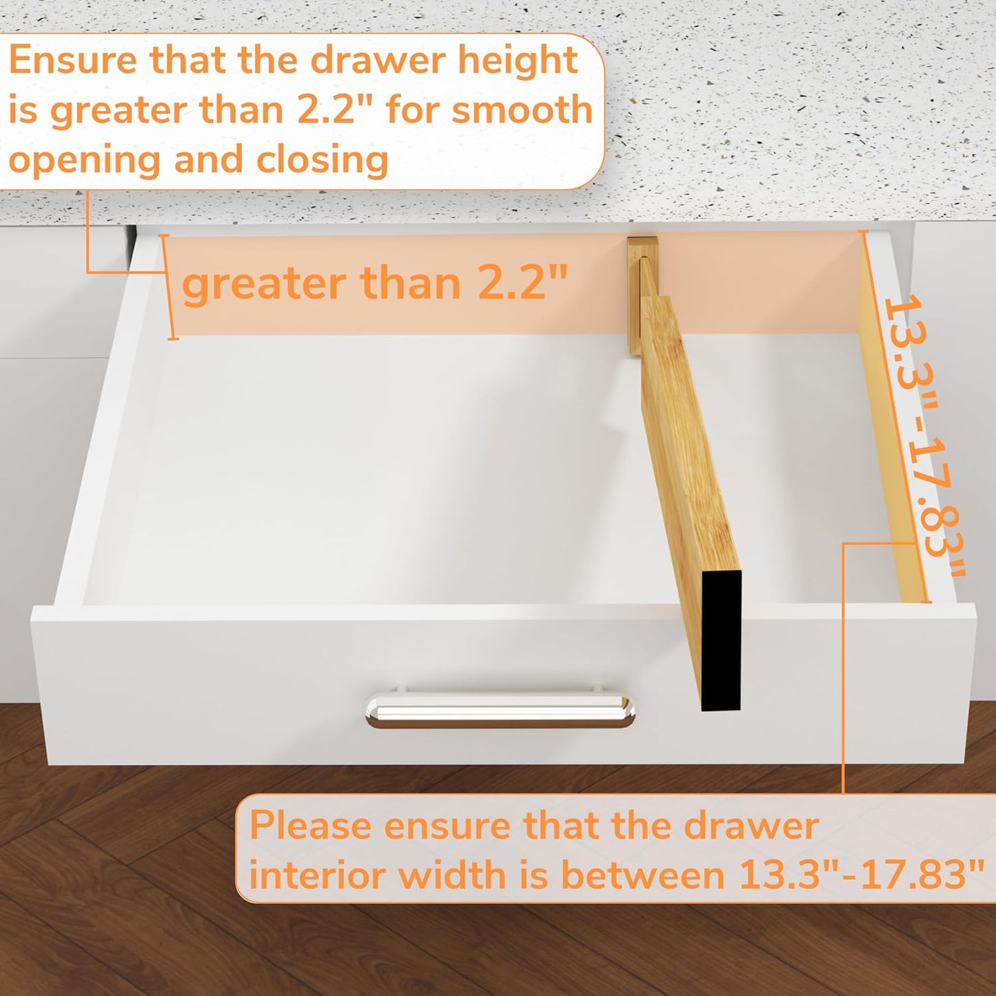 BAMEOS Bamboo Expandable Drawer Dividers – Fits 16.6"–22" Drawers, 2" High, Set of 4 | Spring-Loaded Bamboo Separator for Kitchen Island, Bathroom Vanity & Dresser Drawers