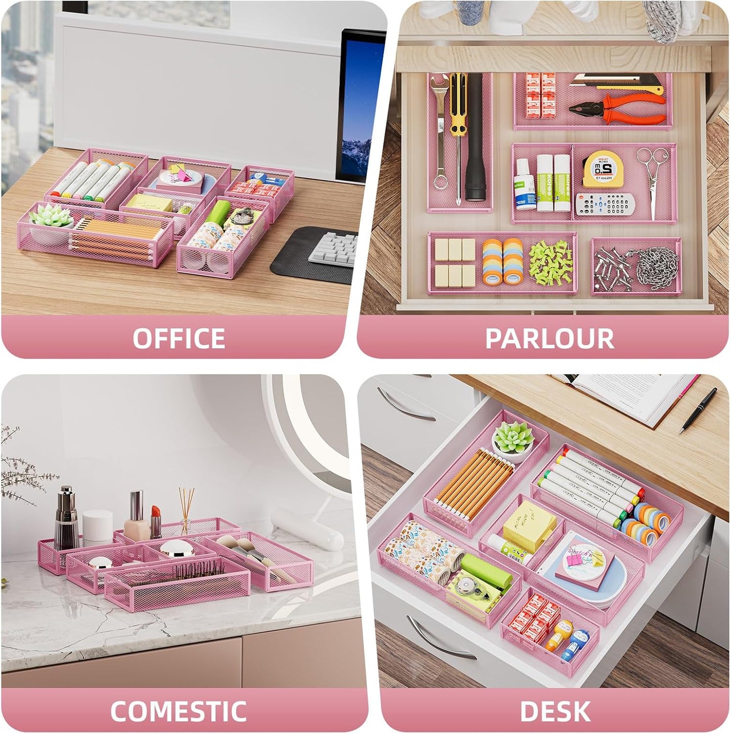 Marbrasse 5 Pack Desk Drawer Organizer Set, Mesh Drawer Storage Trays with 1 Adjustable Divider, Desk Organizers and Accessories, 5 PCS Drawer for Office Supplies, Makeup & Vanity (Black)