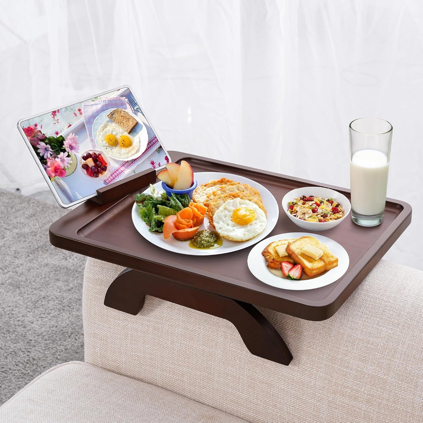 Couch Arm Tray,Bamboo Sofa Clip on Side Table,Foldable Couch Armrest Table with 360°Rotating Phone Holder,Anti Slip Food Trays for Eating/Drinks/Snacks/Remotes 15.35" x 9.85"