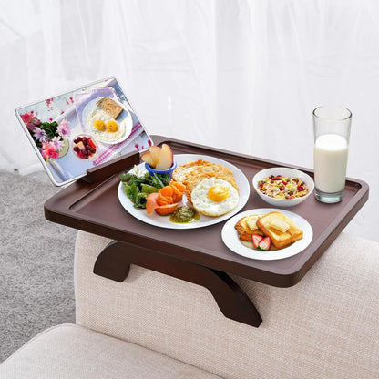 Couch Arm Tray,Bamboo Sofa Clip on Side Table,Foldable Couch Armrest Table with 360°Rotating Phone Holder,Anti Slip Food Trays for Eating/Drinks/Snacks/Remotes 15.35" x 9.85"