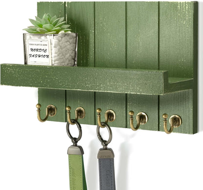 Rebee Vision Key Holder Wall Mount with 5 Key Hooks for Home Decor, Brown | 3.54'' x 10'' x 7.28'', Small Shelf for Display Plant, Key Hangers for Hat, Entryway Space-Saving Storage