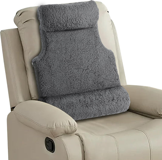 3-in-1 Lumbar Support Pillow with Headrest for Recliner, Memory Foam Back Cushion Set with Adjustable Side Bolster for Targeted Lower Back Pain Relief, Plush Sherpa Fleece Cover, Grey