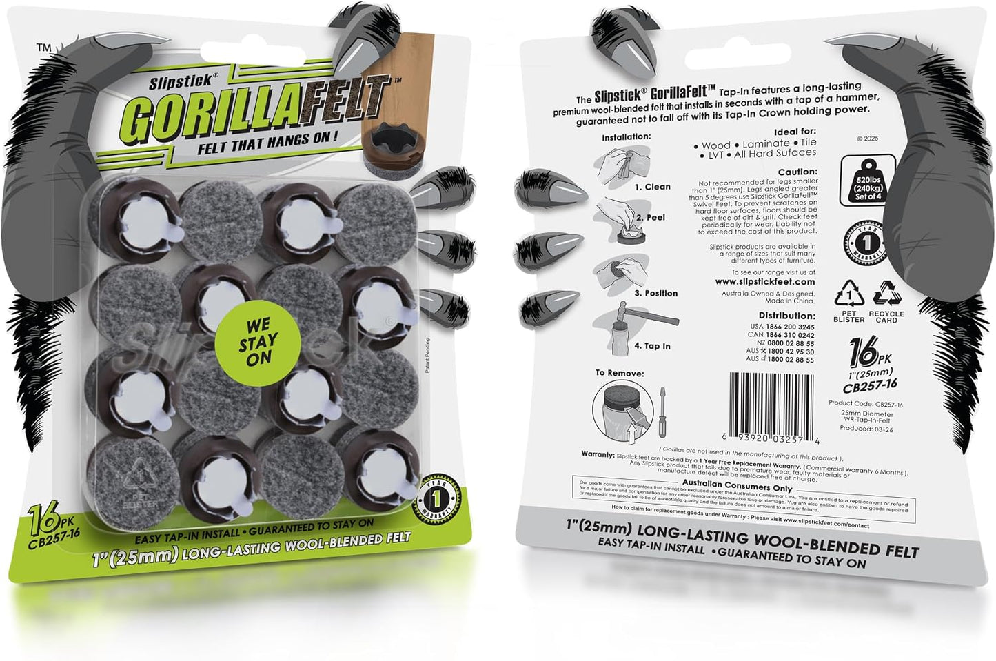 Slipstick Gorilla Felt Furniture Pads (189 Piece Variety Pack) Premium Furniture Pads & Chair Leg Floor Protectors for Hardwood Floors & Hard Surfaces