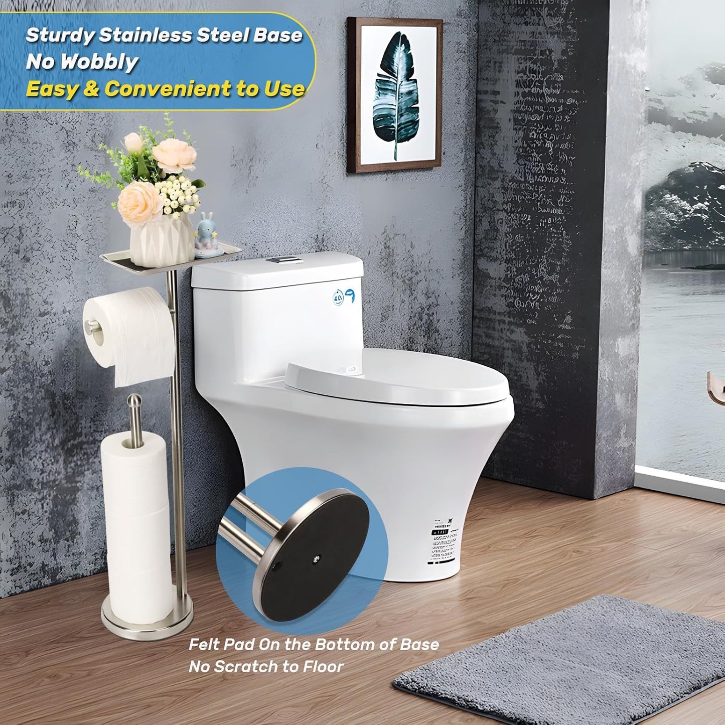 Exilon Toilet Paper Holder Stand for Bathroom Floor Freestanding Toilet Roll Dispenser Storages 4 Reserve Rolls, with Top Storage Shelf for Cell Phone (Brushed Nickel)